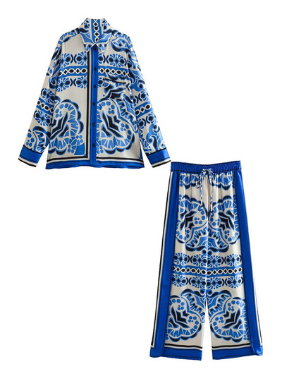 TRAF 2023 Ženska ljetna patchwork satenska odijela Traf široka košulja s rukavima Ženske široke hlače Kompleti od 2 komada Vintage Chic