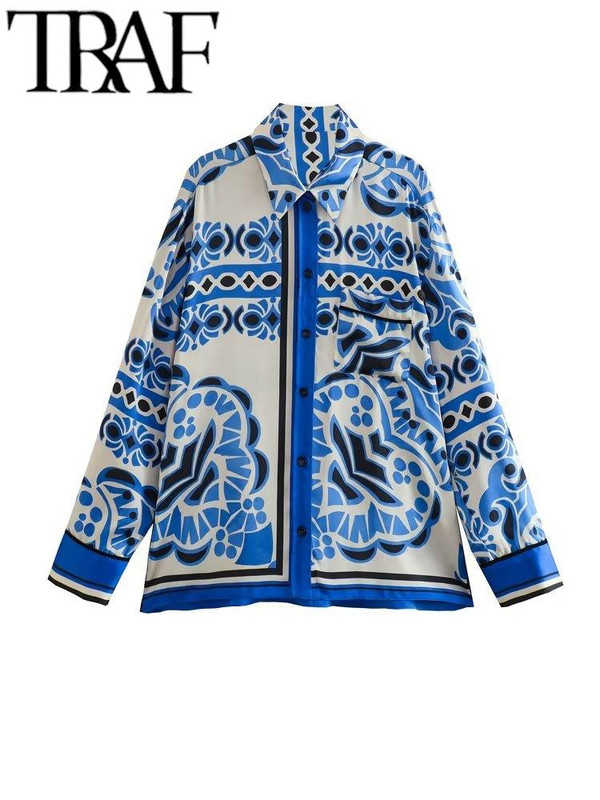 TRAF 2023 Ženska ljetna patchwork satenska odijela Traf široka košulja s rukavima Ženske široke hlače Kompleti od 2 komada Vintage Chic