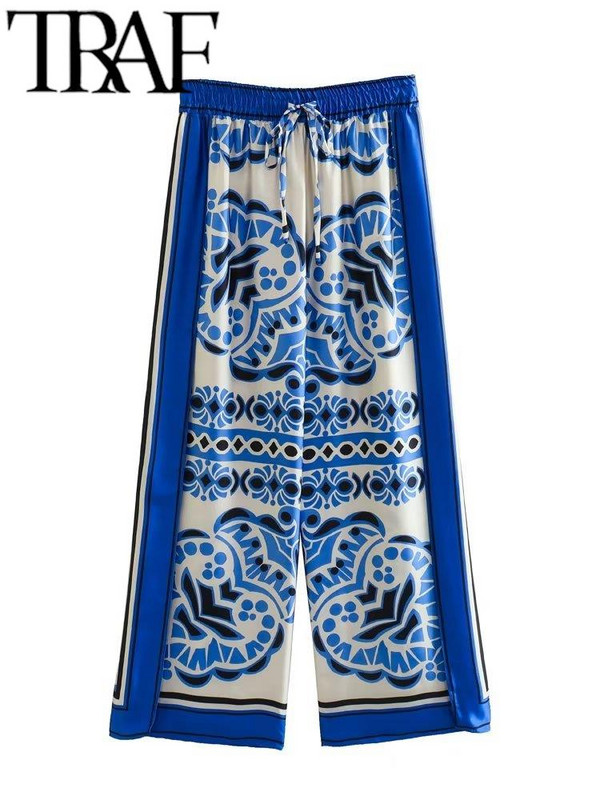 TRAF 2023 Ženska ljetna patchwork satenska odijela Traf široka košulja s rukavima Ženske široke hlače Kompleti od 2 komada Vintage Chic