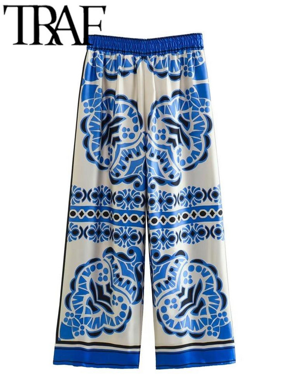 TRAF 2023 Ženska ljetna patchwork satenska odijela Traf široka košulja s rukavima Ženske široke hlače Kompleti od 2 komada Vintage Chic