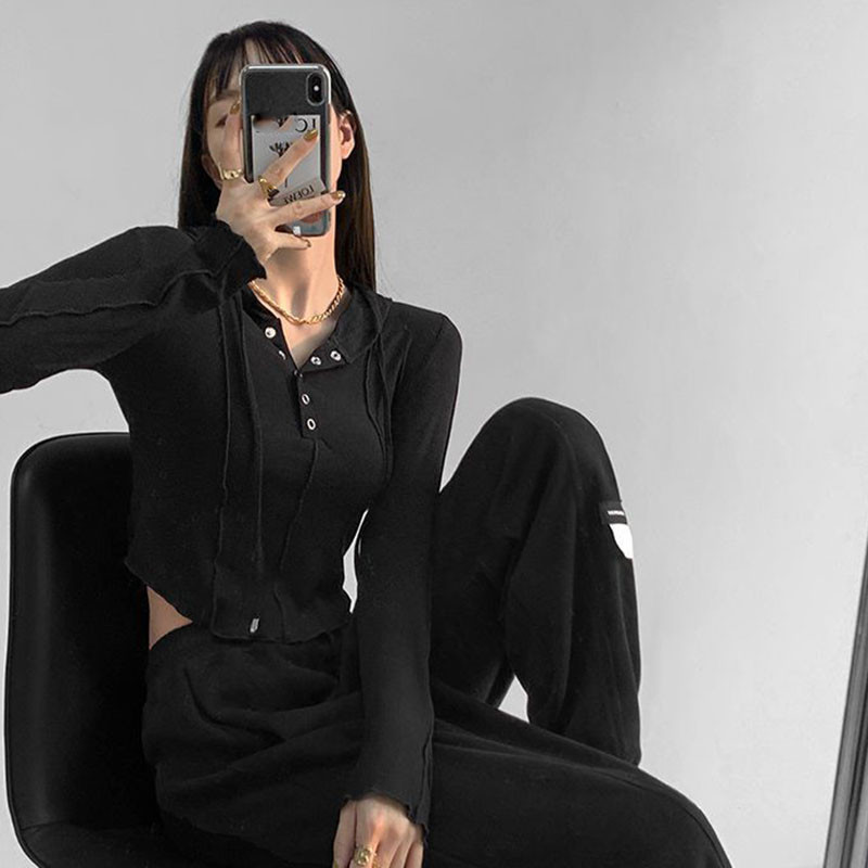 Rimocy Ženska majica kratkih rukava s kapuljačom Jesen Zima Slim Fit dugih rukava Y2K Ženska ulična divlja elastična majica kratkih rukava Ženska