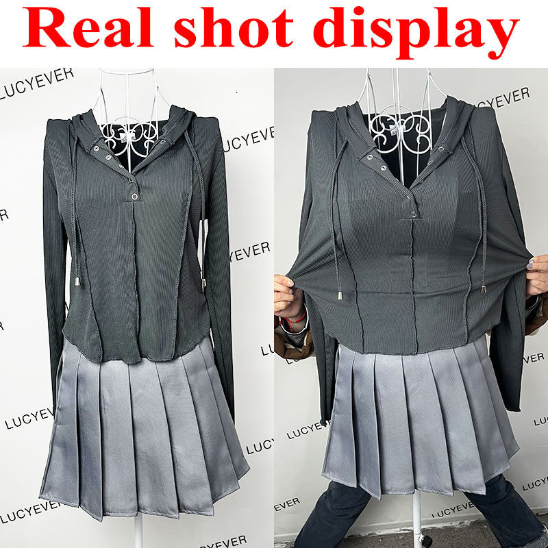 Rimocy Ženska majica kratkih rukava s kapuljačom Jesen Zima Slim Fit dugih rukava Y2K Ženska ulična divlja elastična majica kratkih rukava Ženska