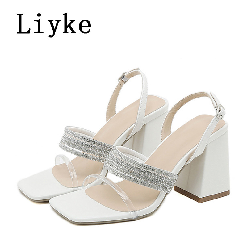 Liyke nyári szögletes lábujj kristály strassz szandálok Női divat parti ruha Gladiátor magassarkú cipő női Sandalias Mujer