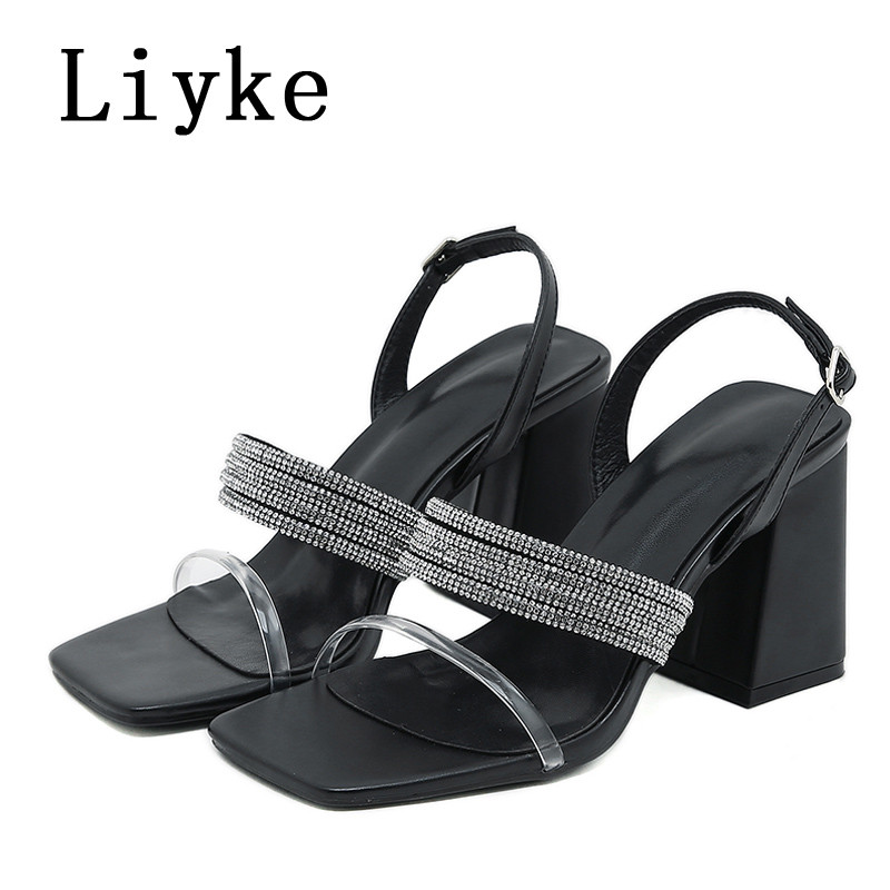 Liyke nyári szögletes lábujj kristály strassz szandálok Női divat parti ruha Gladiátor magassarkú cipő női Sandalias Mujer