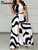 Drauuing Print Casual Seturi 2 piese Tricouri pentru femei Top și pantaloni cu picioare largi Femei Tinute pantaloni cu imprimeu largi Femei
