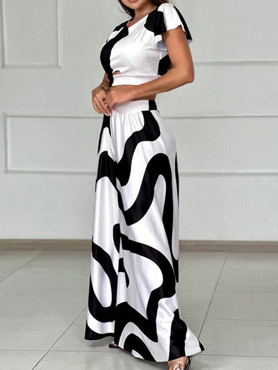 Drauuing Print Casual Seturi 2 piese Tricouri pentru femei Top și pantaloni cu picioare largi Femei Tinute pantaloni cu imprimeu largi Femei