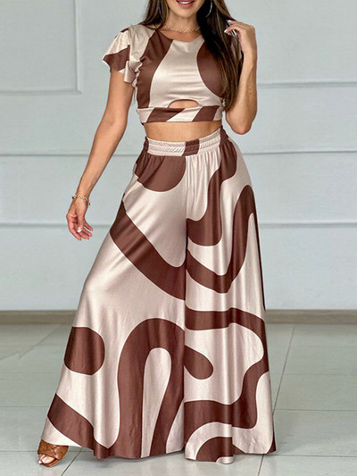 Drauuing Print Casual Seturi 2 piese Tricouri pentru femei Top și pantaloni cu picioare largi Femei Tinute pantaloni cu imprimeu largi Femei