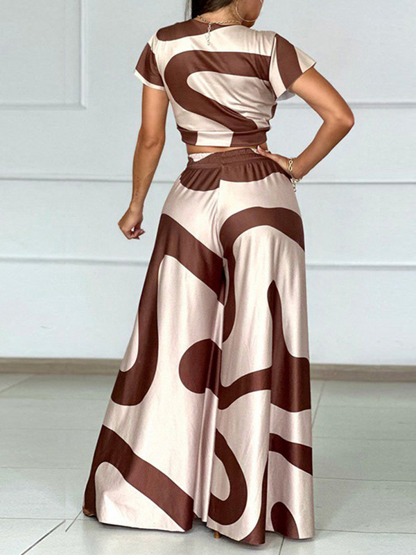 D​rauuing Print Casual Seturi 2 piese Tricouri pentru femei Top și pantaloni cu picioare largi Femei Tinute pantaloni cu imprimeu largi Femei