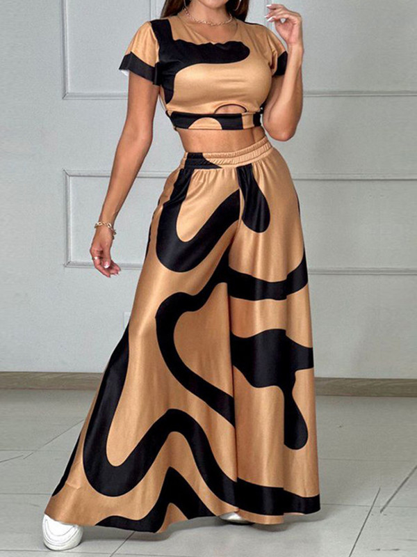 D​rauuing Print Casual Seturi 2 piese Tricouri pentru femei Top și pantaloni cu picioare largi Femei Tinute pantaloni cu imprimeu largi Femei