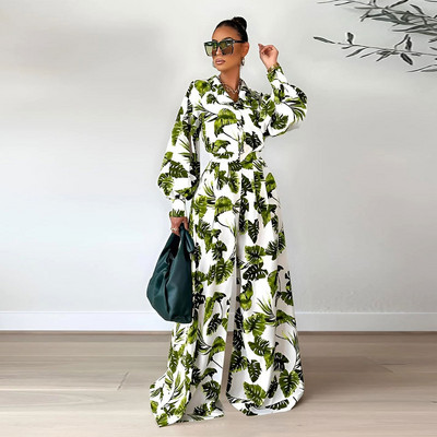 Leaf Print Γυναικείο Σετ Παντελόνι ελαστική μέση Φαρδύ φαρδύ γυναικείο κοστούμι Φανάρι μανίκια πουκάμισα 2023 Άνοιξη casual γυναικεία σετ 2 τεμαχίων