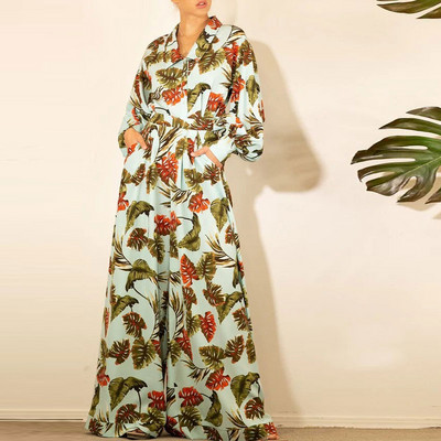 Leaf Print Γυναικείο Σετ Παντελόνι ελαστική μέση Φαρδύ φαρδύ γυναικείο κοστούμι Φανάρι μανίκια πουκάμισα 2023 Άνοιξη casual γυναικεία σετ 2 τεμαχίων