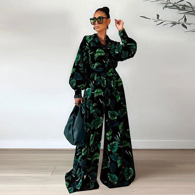 Leaf Print Γυναικείο Σετ Παντελόνι ελαστική μέση Φαρδύ φαρδύ γυναικείο κοστούμι Φανάρι μανίκια πουκάμισα 2023 Άνοιξη casual γυναικεία σετ 2 τεμαχίων