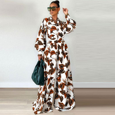 Leaf Print Γυναικείο Σετ Παντελόνι ελαστική μέση Φαρδύ φαρδύ γυναικείο κοστούμι Φανάρι μανίκια πουκάμισα 2023 Άνοιξη casual γυναικεία σετ 2 τεμαχίων