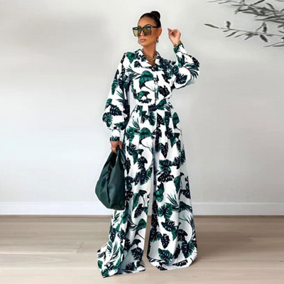 Leaf Print Γυναικείο Σετ Παντελόνι ελαστική μέση Φαρδύ φαρδύ γυναικείο κοστούμι Φανάρι μανίκια πουκάμισα 2023 Άνοιξη casual γυναικεία σετ 2 τεμαχίων