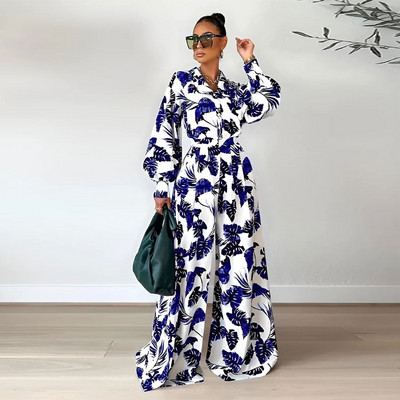 Leaf Print Γυναικείο Σετ Παντελόνι ελαστική μέση Φαρδύ φαρδύ γυναικείο κοστούμι Φανάρι μανίκια πουκάμισα 2023 Άνοιξη casual γυναικεία σετ 2 τεμαχίων