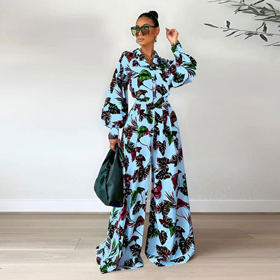 Leaf Print Γυναικείο Σετ Παντελόνι ελαστική μέση Φαρδύ φαρδύ γυναικείο κοστούμι Φανάρι μανίκια πουκάμισα 2023 Άνοιξη casual γυναικεία σετ 2 τεμαχίων
