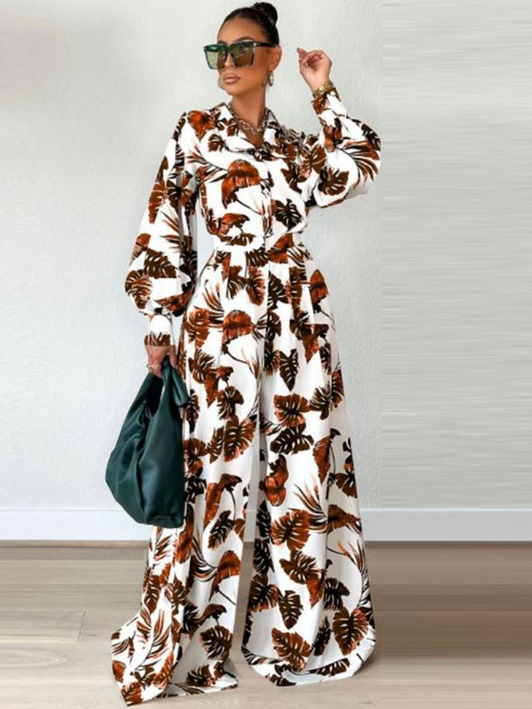 Leaf Print Γυναικείο Σετ Παντελόνι ελαστική μέση Φαρδύ φαρδύ γυναικείο κοστούμι Φανάρι μανίκια πουκάμισα 2023 Άνοιξη casual γυναικεία σετ 2 τεμαχίων