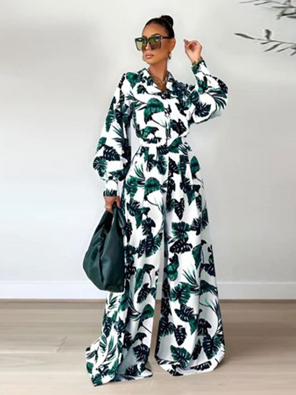 Leaf Print Γυναικείο Σετ Παντελόνι ελαστική μέση Φαρδύ φαρδύ γυναικείο κοστούμι Φανάρι μανίκια πουκάμισα 2023 Άνοιξη casual γυναικεία σετ 2 τεμαχίων