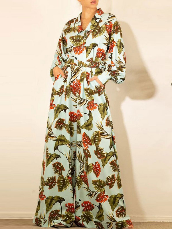 Leaf Print Γυναικείο Σετ Παντελόνι ελαστική μέση Φαρδύ φαρδύ γυναικείο κοστούμι Φανάρι μανίκια πουκάμισα 2023 Άνοιξη casual γυναικεία σετ 2 τεμαχίων