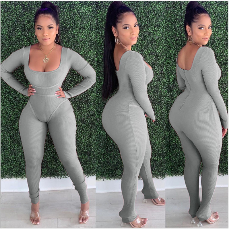 Salopetă pentru femei Costum dintr-o bucată Salopetă toamnă Casual cu mânecă lungă cu gât în U Fermoar pe spate Salopetă bodycon pentru femei Nou