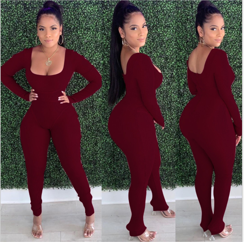 Salopetă pentru femei Costum dintr-o bucată Salopetă toamnă Casual cu mânecă lungă cu gât în U Fermoar pe spate Salopetă bodycon pentru femei Nou