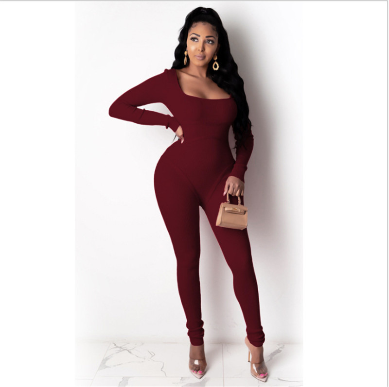 Salopetă pentru femei Costum dintr-o bucată Salopetă toamnă Casual cu mânecă lungă cu gât în U Fermoar pe spate Salopetă bodycon pentru femei Nou