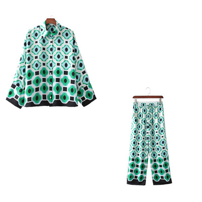 XEASY 2021 Set de două piese vintage pentru femei de vară, cu imprimeu boemia, cămașă cu rever, elastic cu talie înaltă, pantaloni casual, set de pantaloni