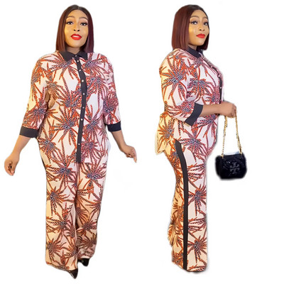 Cămașă imprimată de vară din șifon la modă din 2 piese cu pantaloni Costum cu mâneci medii Rochii africane pentru femei