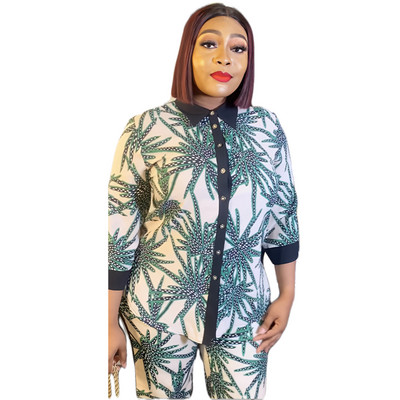 Cămașă imprimată de vară din șifon la modă din 2 piese cu pantaloni Costum cu mâneci medii Rochii africane pentru femei