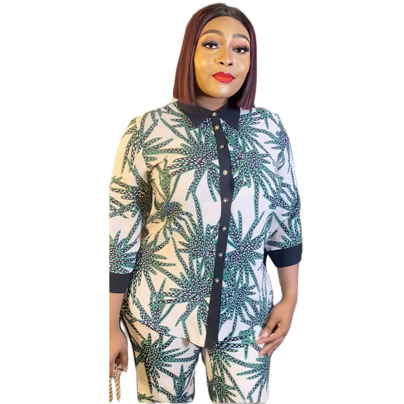 Cămașă imprimată de vară din șifon la modă din 2 piese cu pantaloni Costum cu mâneci medii Rochii africane pentru femei