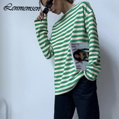 Lenmemsen proljetna široka pamučna klasična majica s prugama, ženska ležerna majica s O izrezom, jednostavna majica s dugim rukavima, jednostavne ženske majice