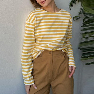 Lenmemsen proljetna široka pamučna klasična majica s prugama, ženska ležerna majica s O izrezom, jednostavna majica s dugim rukavima, jednostavne ženske majice