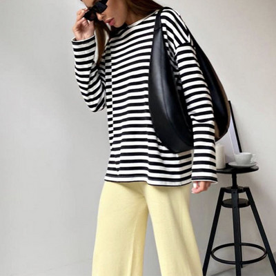 Lenmemsen proljetna široka pamučna klasična majica s prugama, ženska ležerna majica s O izrezom, jednostavna majica s dugim rukavima, jednostavne ženske majice