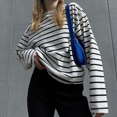 Lenmemsen proljetna široka pamučna klasična majica s prugama, ženska ležerna majica s O izrezom, jednostavna majica s dugim rukavima, jednostavne ženske majice