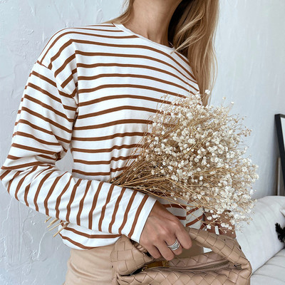 Lenmemsen proljetna široka pamučna klasična majica s prugama, ženska ležerna majica s O izrezom, jednostavna majica s dugim rukavima, jednostavne ženske majice