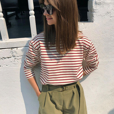 Lenmemsen proljetna široka pamučna klasična majica s prugama, ženska ležerna majica s O izrezom, jednostavna majica s dugim rukavima, jednostavne ženske majice