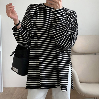 Lenmemsen proljetna široka pamučna klasična majica s prugama, ženska ležerna majica s O izrezom, jednostavna majica s dugim rukavima, jednostavne ženske majice