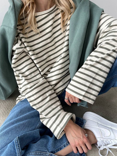 Lenmemsen proljetna široka pamučna klasična majica s prugama, ženska ležerna majica s O izrezom, jednostavna majica s dugim rukavima, jednostavne ženske majice