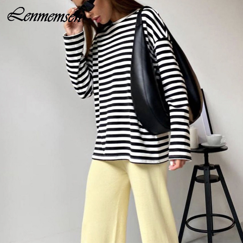Lenmemsen proljetna široka pamučna klasična majica s prugama, ženska ležerna majica s O izrezom, jednostavna majica s dugim rukavima, jednostavne ženske majice