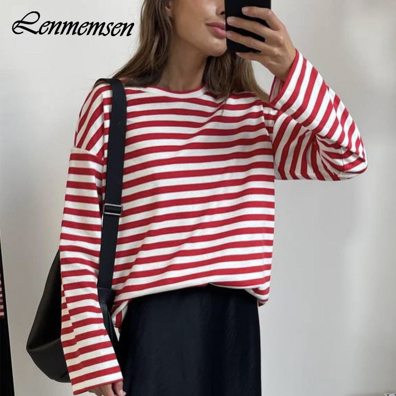 Lenmemsen proljetna široka pamučna klasična majica s prugama, ženska ležerna majica s O izrezom, jednostavna majica s dugim rukavima, jednostavne ženske majice