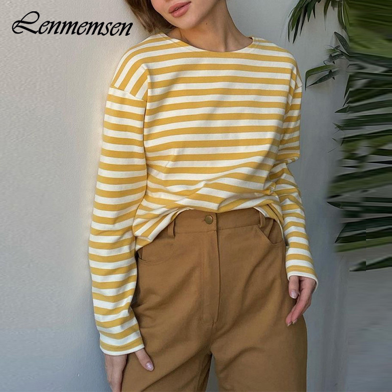 Lenmemsen proljetna široka pamučna klasična majica s prugama, ženska ležerna majica s O izrezom, jednostavna majica s dugim rukavima, jednostavne ženske majice