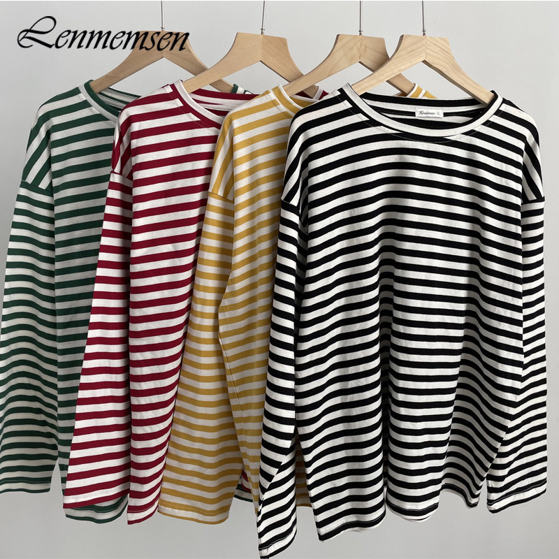 Lenmemsen proljetna široka pamučna klasična majica s prugama, ženska ležerna majica s O izrezom, jednostavna majica s dugim rukavima, jednostavne ženske majice