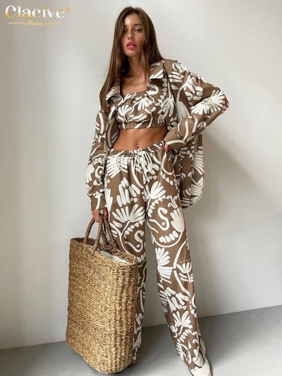 Clacive Fashion Loose Print 3 részes szett női outfit elegáns hosszú ujjú blúz + ujjatlan cső felső magas derekú nadrág szett