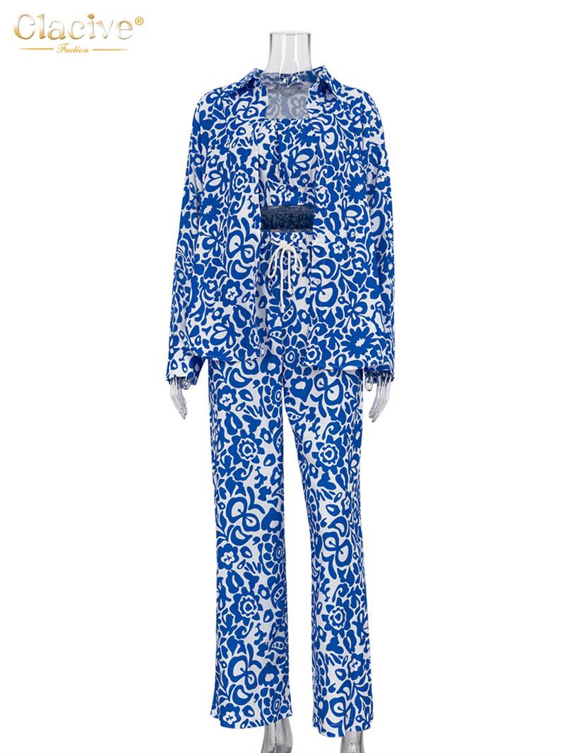 Clacive Modni široki set od 3 komada ženske odjeće Elegantna bluza dugih rukava + tuba majica bez rukava s kompletom hlača visokog struka