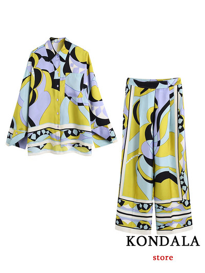 KONDALA Costume de damă vintage cu imprimeu geometric cu mânecă lungă papion Cămăși largi + talie înaltă pantaloni buzunare late pentru picioare Moda boho 2022