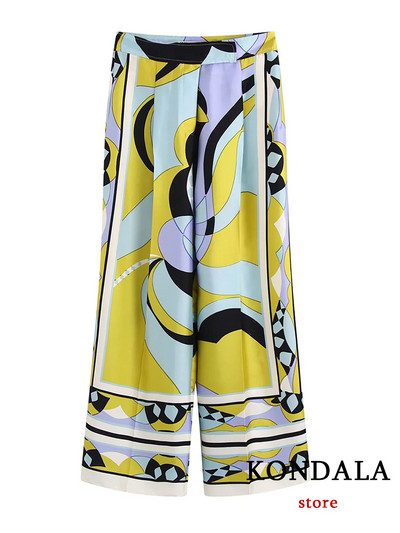 KONDALA Costume de damă vintage cu imprimeu geometric cu mânecă lungă papion Cămăși largi + talie înaltă pantaloni buzunare late pentru picioare Moda boho 2022
