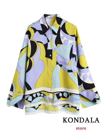 KONDALA Costume de damă vintage cu imprimeu geometric cu mânecă lungă papion Cămăși largi + talie înaltă pantaloni buzunare late pentru picioare Moda boho 2022