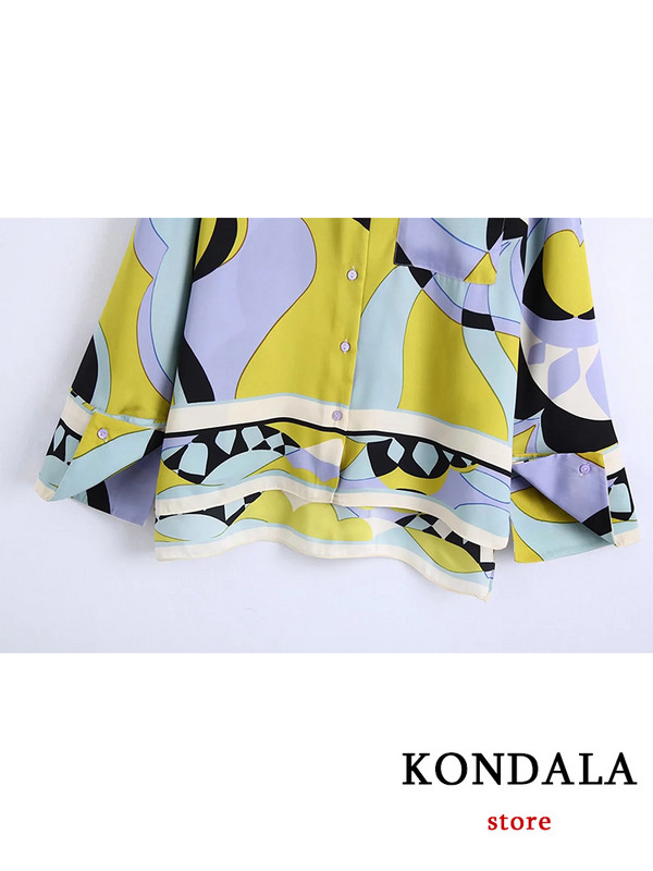 Dámske obleky KONDALA s vintage geometrickou potlačou, dlhým rukávom a motýlikom, voľné košele + vysoký pás, široké nohavice, vrecká, boho móda 2022