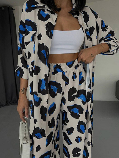 Ženski komplet hlača s leopard printom od 2 komada, košulja s dugim rukavima na preklop i odijelo s hlačama visokog struka, jesensko odijelo za uredsku damu, ulična odjeća