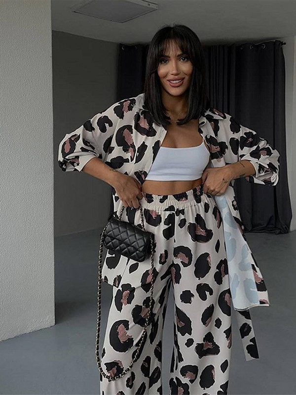 Ženski komplet hlača s leopard printom od 2 komada, košulja s dugim rukavima na preklop i odijelo s hlačama visokog struka, jesensko odijelo za uredsku damu, ulična odjeća